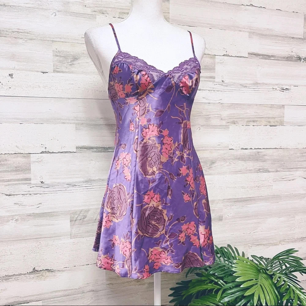 strapless open back dress Early 2000s Victoria's Secret Amethyst Purple Silk and Lace Slip Mini